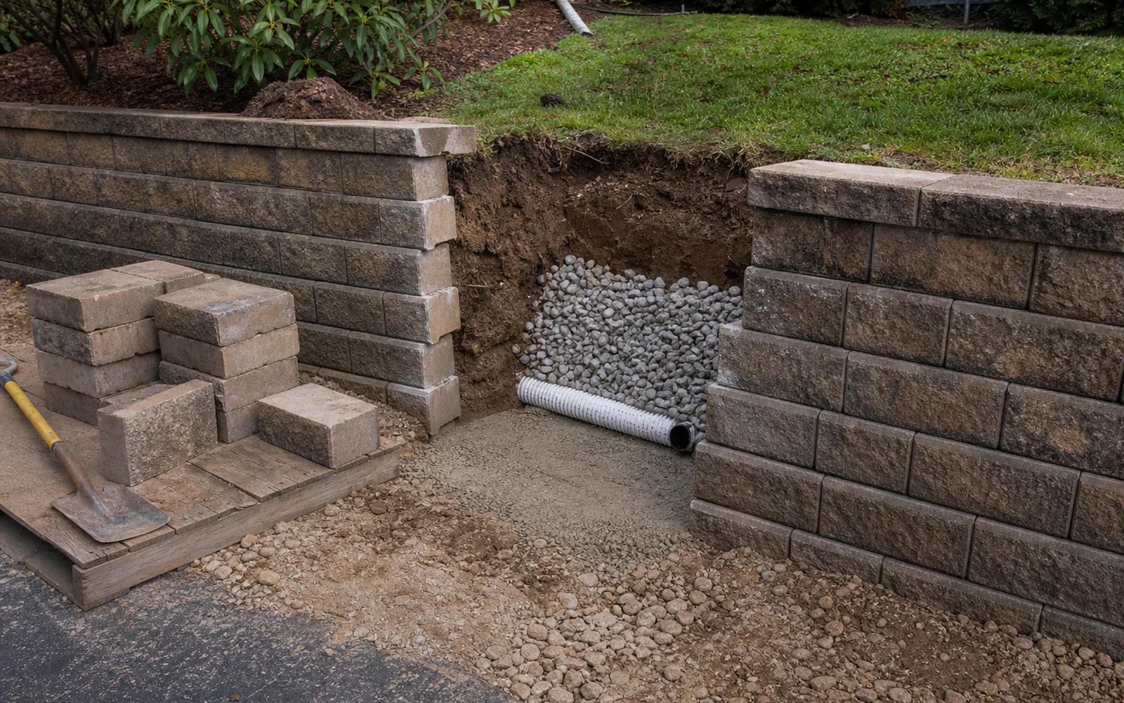 Illustrative Retaining wall repair with blocks removed to expose the base
